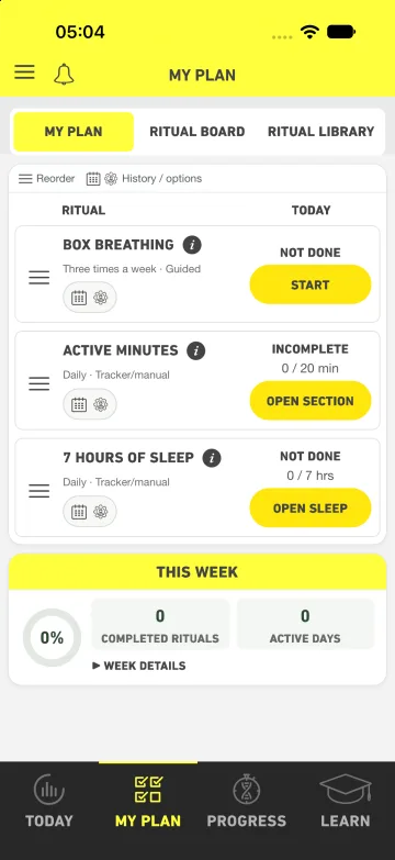 Ritualize My Plan showing breathing, active minutes and sleep rituals together